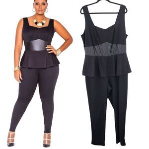 Ashley Stewart Black Peplum Jumpsuit Sz 16 Faux Leather Waist Exposed Zipper